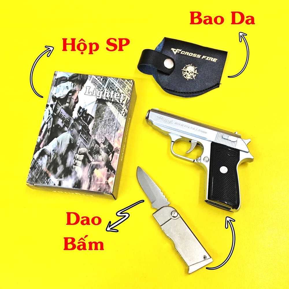 Hột quẹt bật lửa khè hình súng M9 3IN1 có bao da  size 13cm - MÀU BẠC