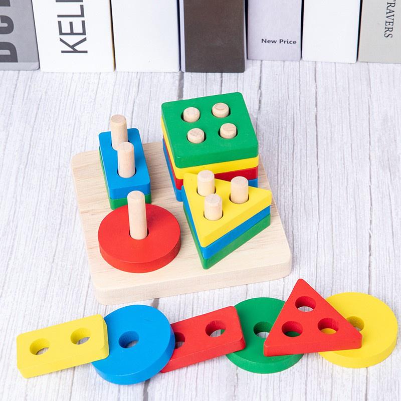 Đồ chơi thông minh Montessori giúp trẻ phân biệt hình khối màu sắc, Bộ thả hình 4 khối cơ bản