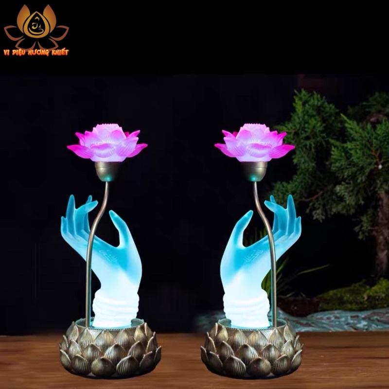 CẶP 2 CÂY ĐÈN LED TAY PHẬT CẦM HOA SEN LƯU LY PHA LÊ THỜ CÚNG TRANG TRÍ