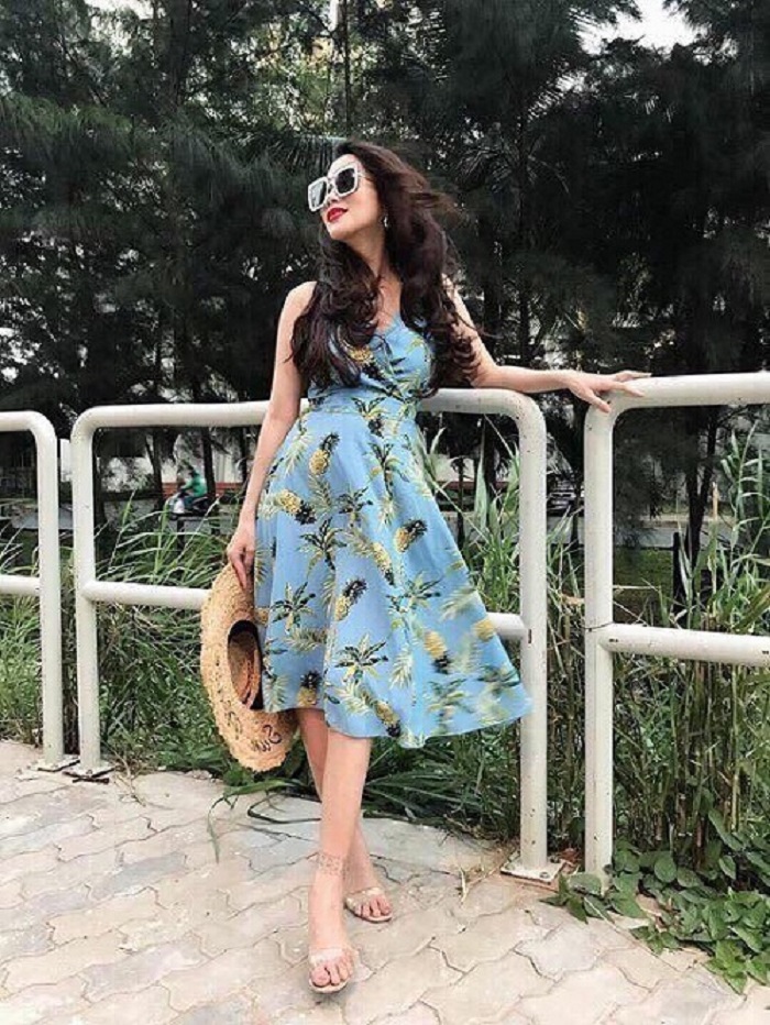 ĐẦM MAXI HỌA TIẾT TRÁI THƠM ĐAN DÂY SAU LƯNG