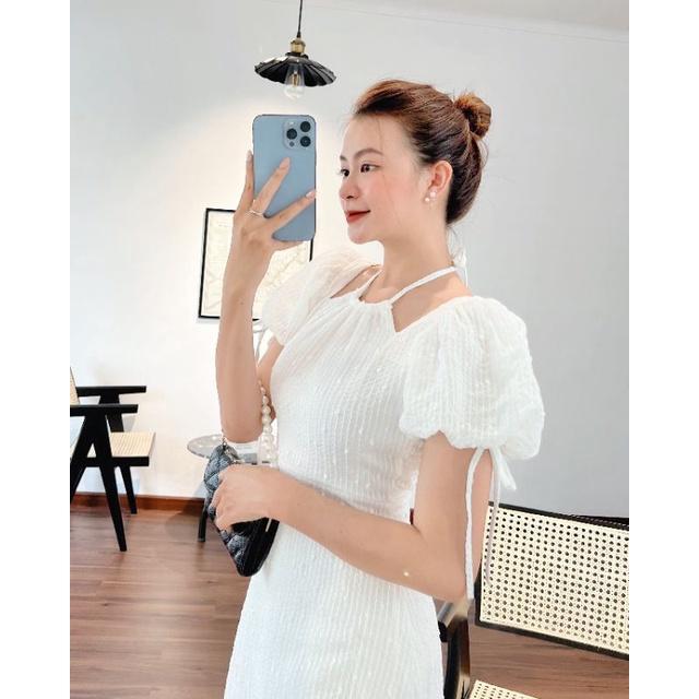 Đầm dự tiệc cổ yếm tay phồng dáng dài tay nơ Daily Dress