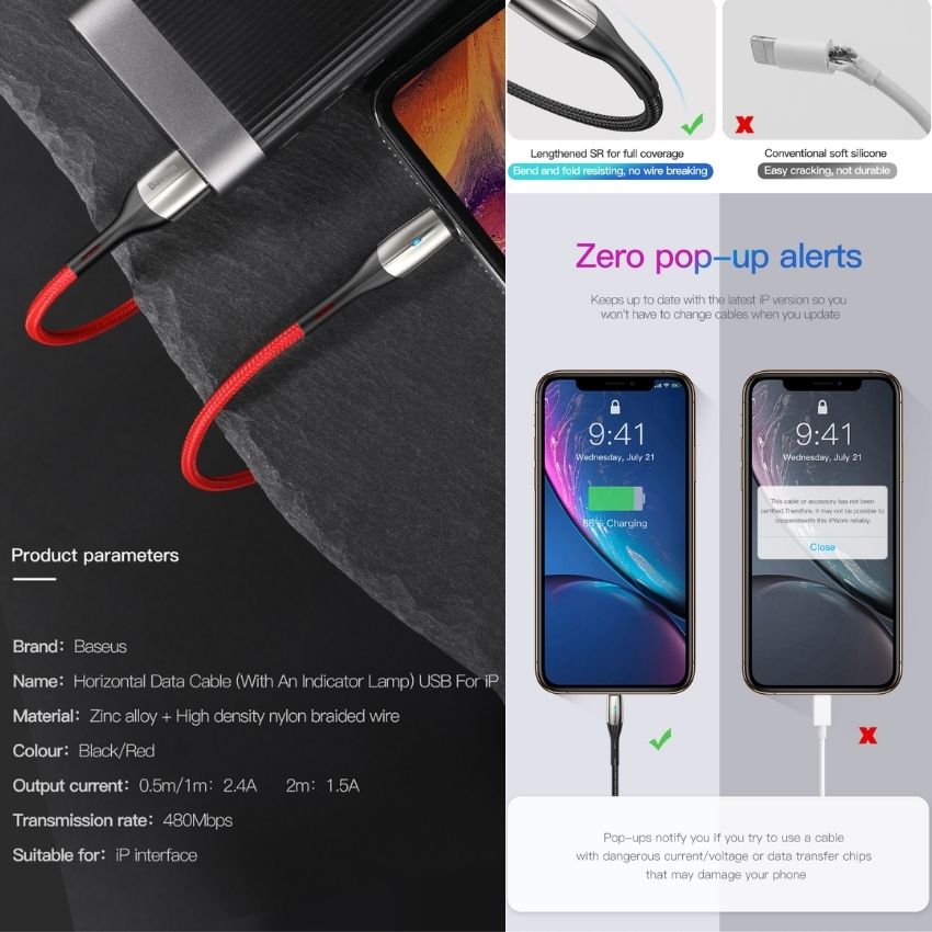 Cáp sạc Baseus Horizontal Data cable CALSP nhanh truyền dữ liệu tốc độ  2.4A- Hàng chính hãng