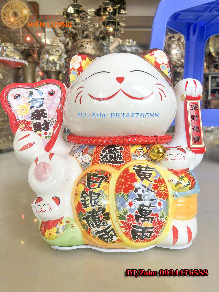 Mèo Thần Tài May Mắn NeKo Vẫy Tay Chiêu Tài Cao 20cm Bằng Gốm Sứ Tráng Men Cao Cấp