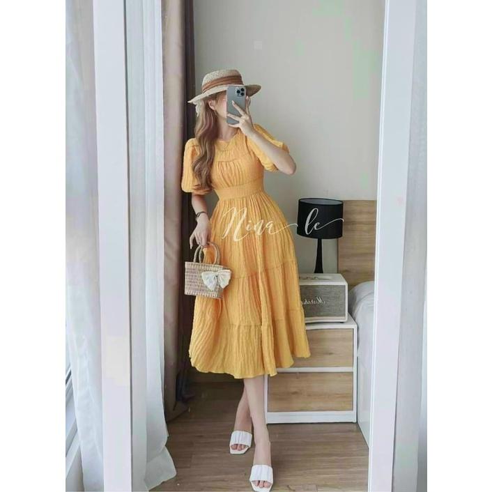 Đầm maxi dài dáng xòe đi biển, maxi phối 4 mà nhã nhặn cổ tròn tay phồng sexy thời trang nữ mùa hè