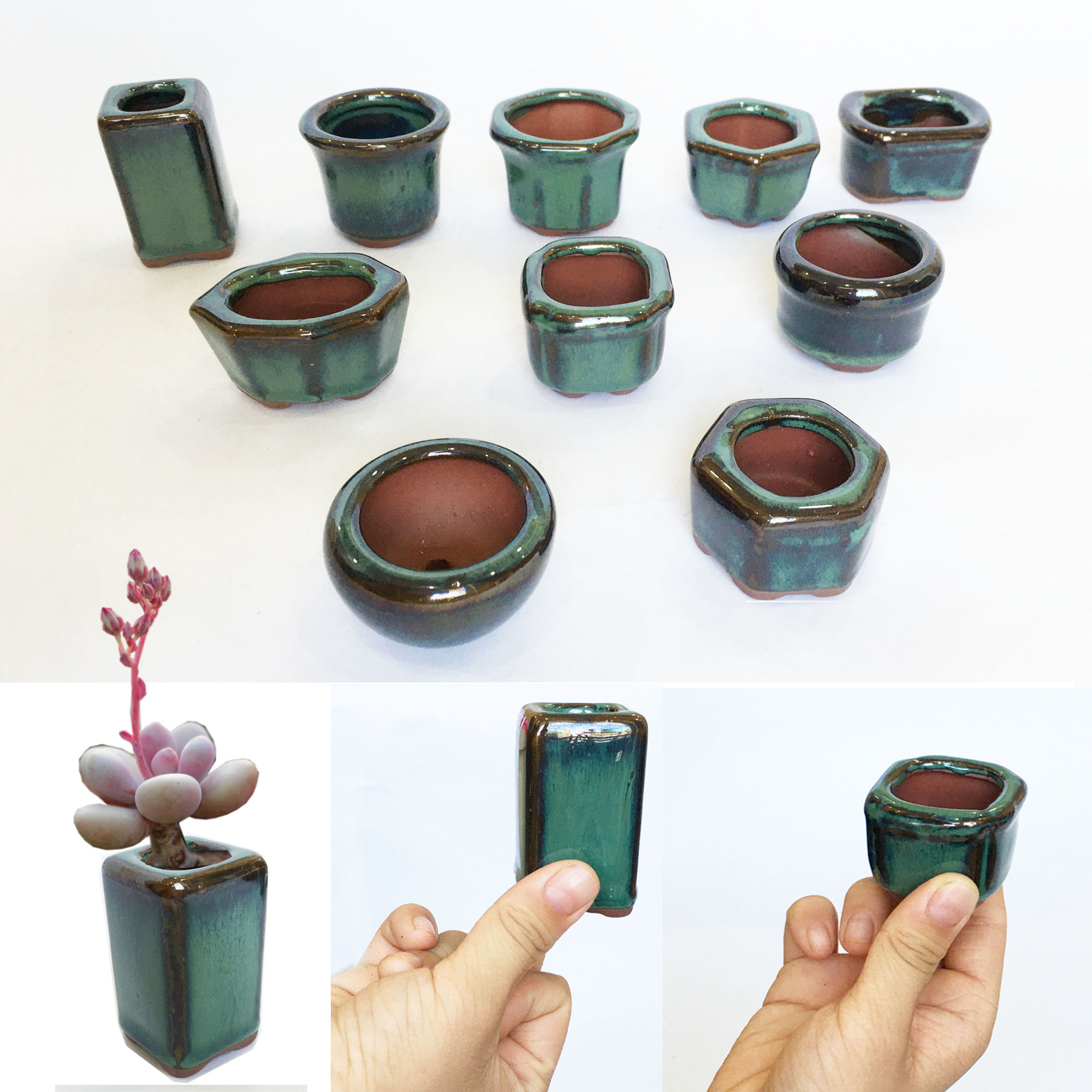 Set 10 mẫu chậu trồng bonsai, sen đá mini men hỏa biến có lỗ  Chậu gốm sứ Bát Tràng