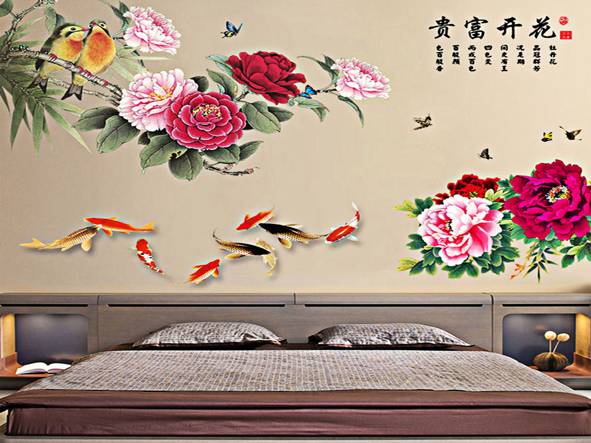 decal dán tường hoa mẫu đơn đỏ chim cá bông to 2 mảnh gs9014