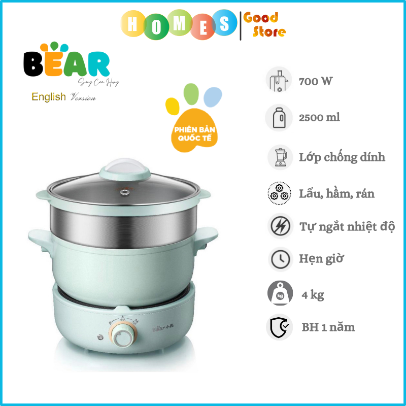 Nồi Điện Đa Năng BEAR SB-NL25L - Đế Rời Đun Sôi Siêu Nhanh Chiên Xào Hấp Dung Tích 2.5 Lít Công Suất 1000 W - Hàng Chính Hãng