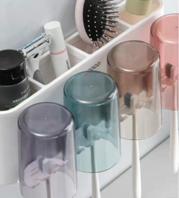 Kệ để cốc bàn chải đánh răng kèm hộp nhả kem đánh răng tự động ANVD Ecoco cao cấp không cần khoan tường