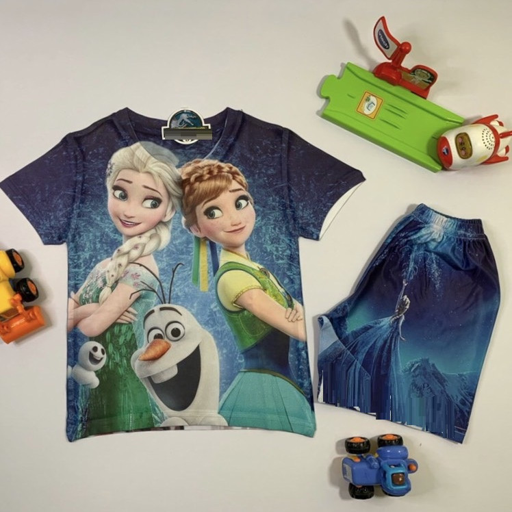 Đồ bộ in 3D hình công chúa băng giá 2 xanh cho bé gái