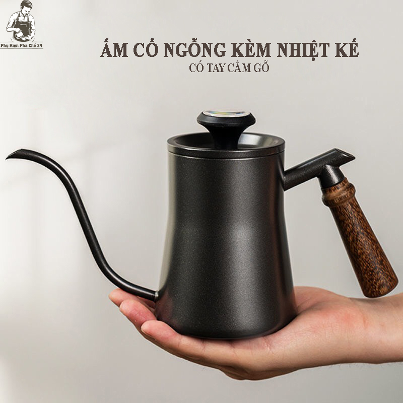 Ấm Cổ Ngỗng Pha Cà Phê Tay Gỗ Có Nhiệt Kế 600ml
