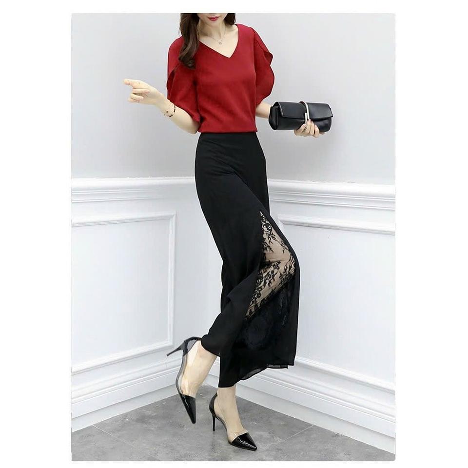 Set Bộ Áo Kiểu Quần Ống Rộng Phối Ren - Set Bộ Hàng Thiết Kế Cao Cấp