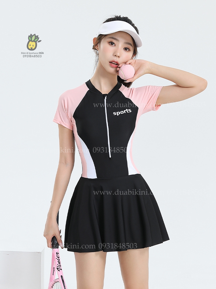 Đồ bơi nữ liền thân dáng váy xòe tay ngắn sport | DỨA BIKINI &amp; SPORTWEAR