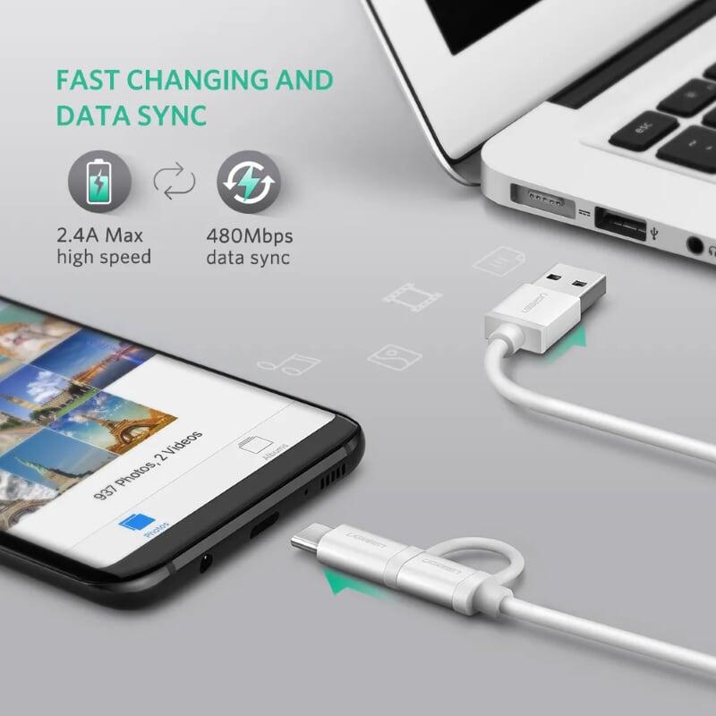 Ugreen UG20873US177TK 1.5M màu Bạc Cáp USB-A sang Micro USB + USB-C cao cấp - HÀNG CHÍNH HÃNG