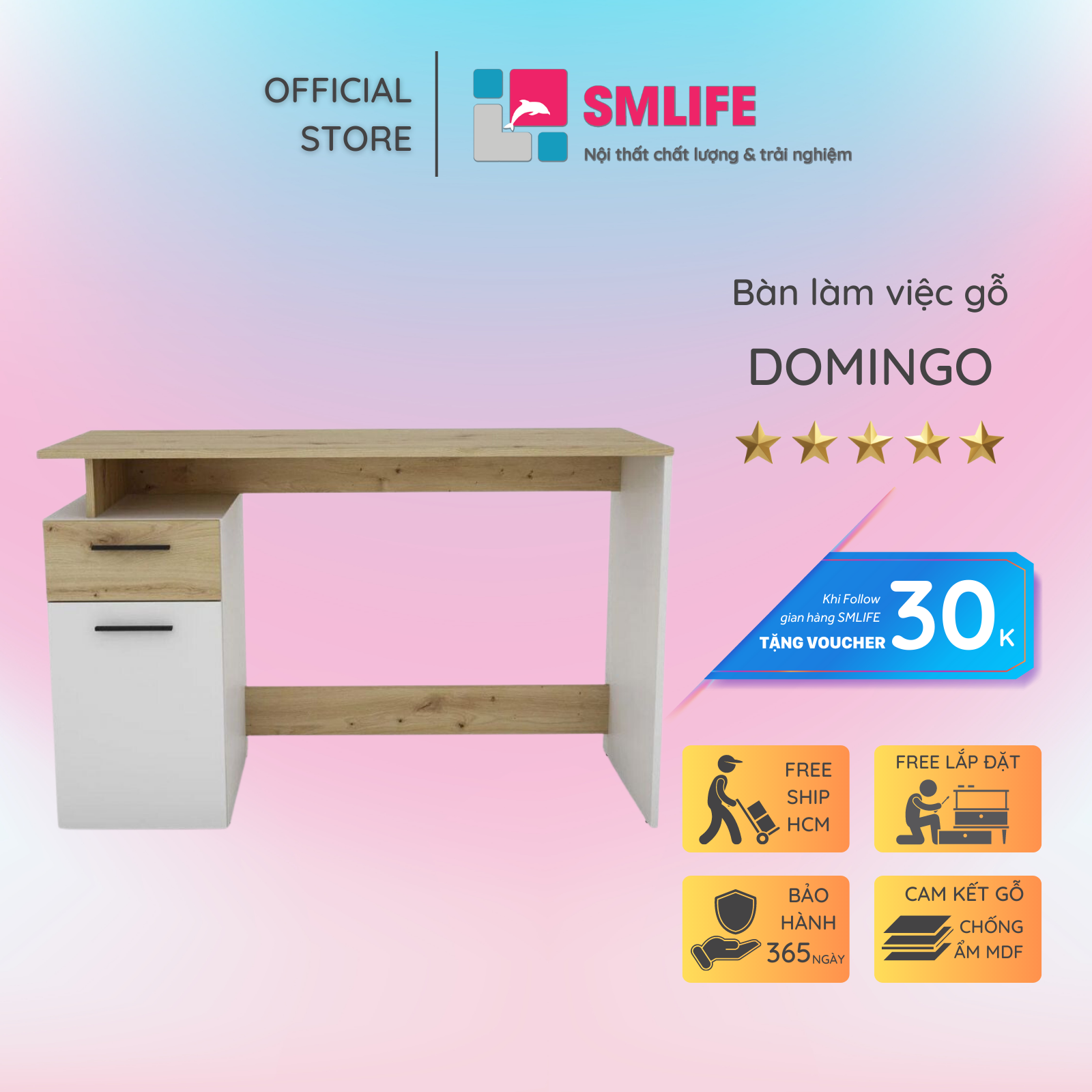 Bàn làm việc, bàn học gỗ hiện đại SMLIFE Domingo | Gỗ MDF dày 17mm chống ẩm | D120xR55xC75cm