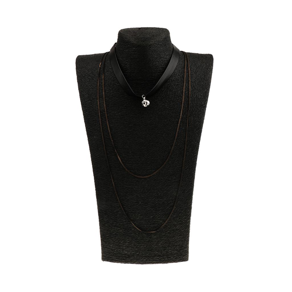 Simple Multilayer Chain Pearl Pendant PU Leather Choker Short Necklace Black