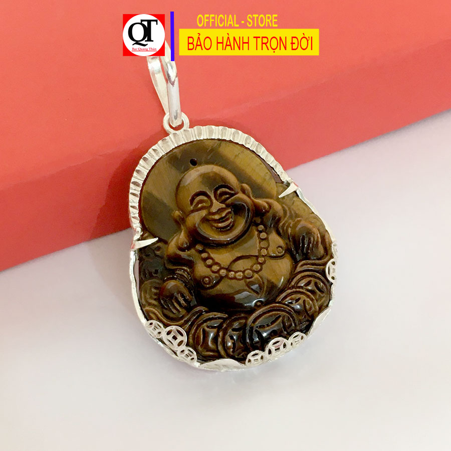 Mặt dây chuyền nam phật Di Lạc cỡ đại đá mắt hổ tự nhiên bọc bạc ta cao cấp trang sức Bạc Quang Thản - QTMDNA15