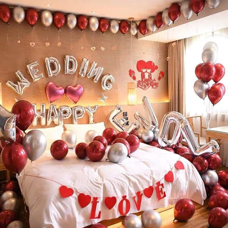 [TẶNG NHIỀU QUÀ] Set Bóng Chữ Happy Wedding Trang Trí Phòng Cưới QB038 Tông Bạc - Đỏ Mận