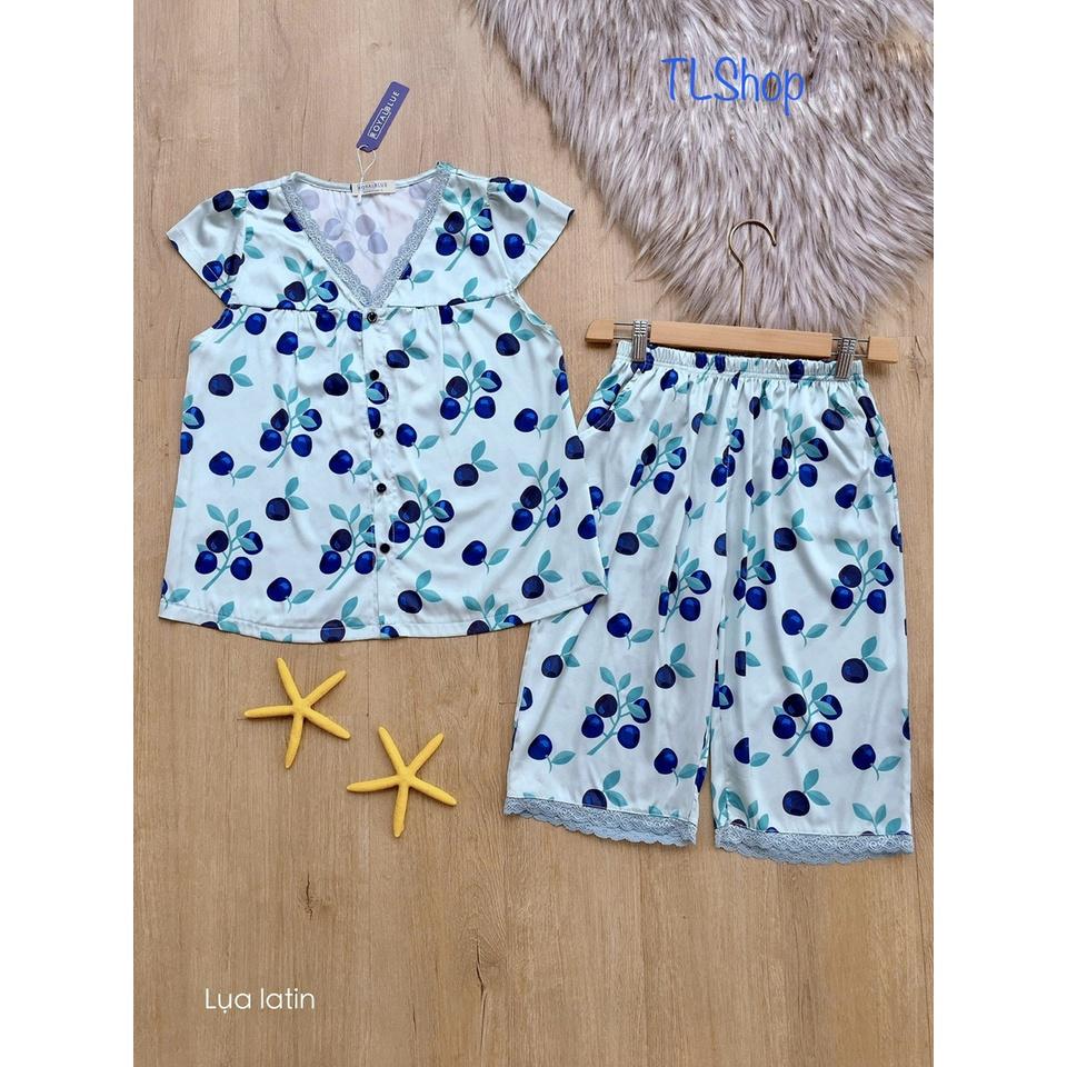 Đồ Bộ Mặc Nhà Lửng Nữ Cổ Tim Ren Xinh Xắn Chất Lụa Latin Mềm Mại In Họa Tiết Hoa Dễ Thương