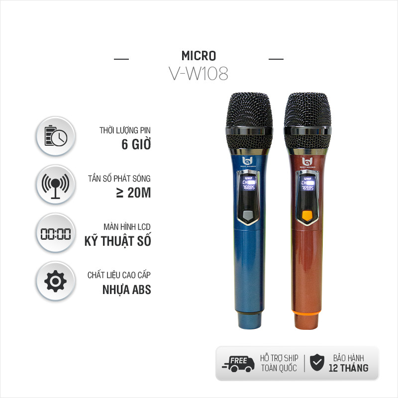 Trọn Bộ 2 Micro Không Dây Việt Star Quốc Tế W108 & W108A, Tần Số VHF, Kết Nối Xa 20m Không Vật Cản - Hàng Chính Hãng
