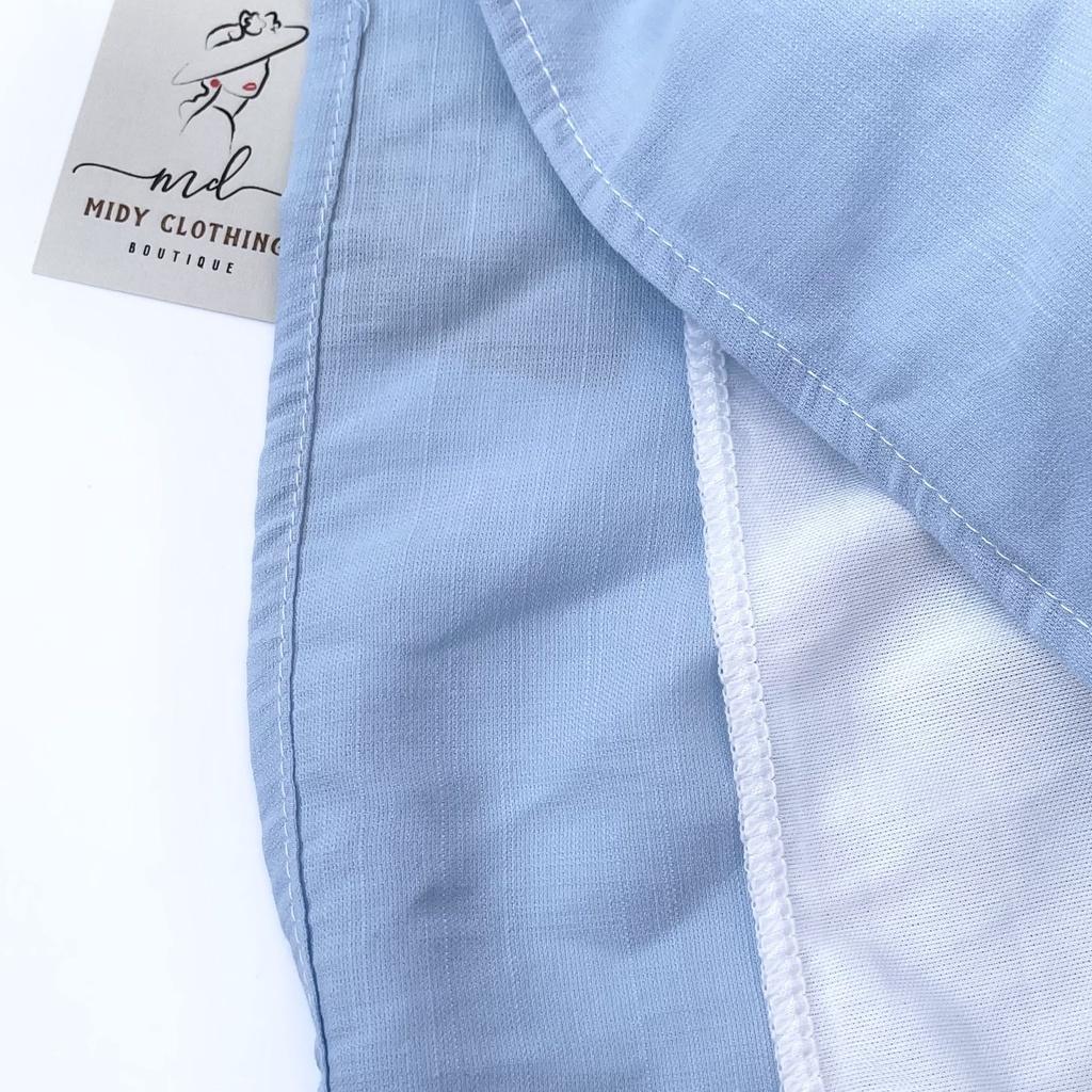 Đầm xòe chéo tà cổ V, Đầm xanh dương Cao Cấp vải tơ mát mẻ có dây buộc eo, dáng dài qua gối - MiNhi Fashion
