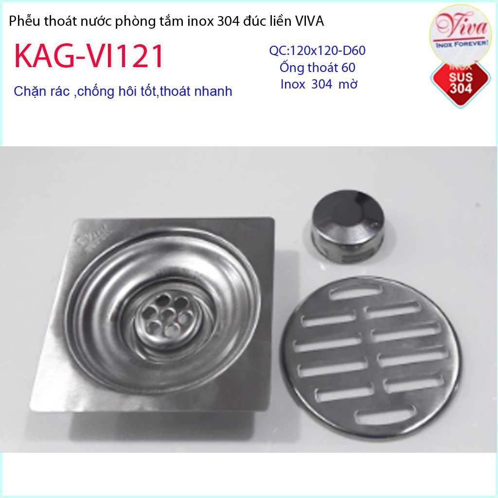 Phễu thoát sàn Viva 12x12 cm KAG-VI121 ống thoát 60mm chống mùi hôi inox 304, thoát sàn inox đúc dày thoát nước nhanh ch