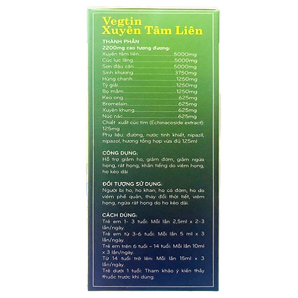 Vegtin Xuyên Tâm Liên ICOPHAR - Hỗ Trợ Giảm Ho, Long Đờm, Ngứa Rát Họng - Hộp 125ml