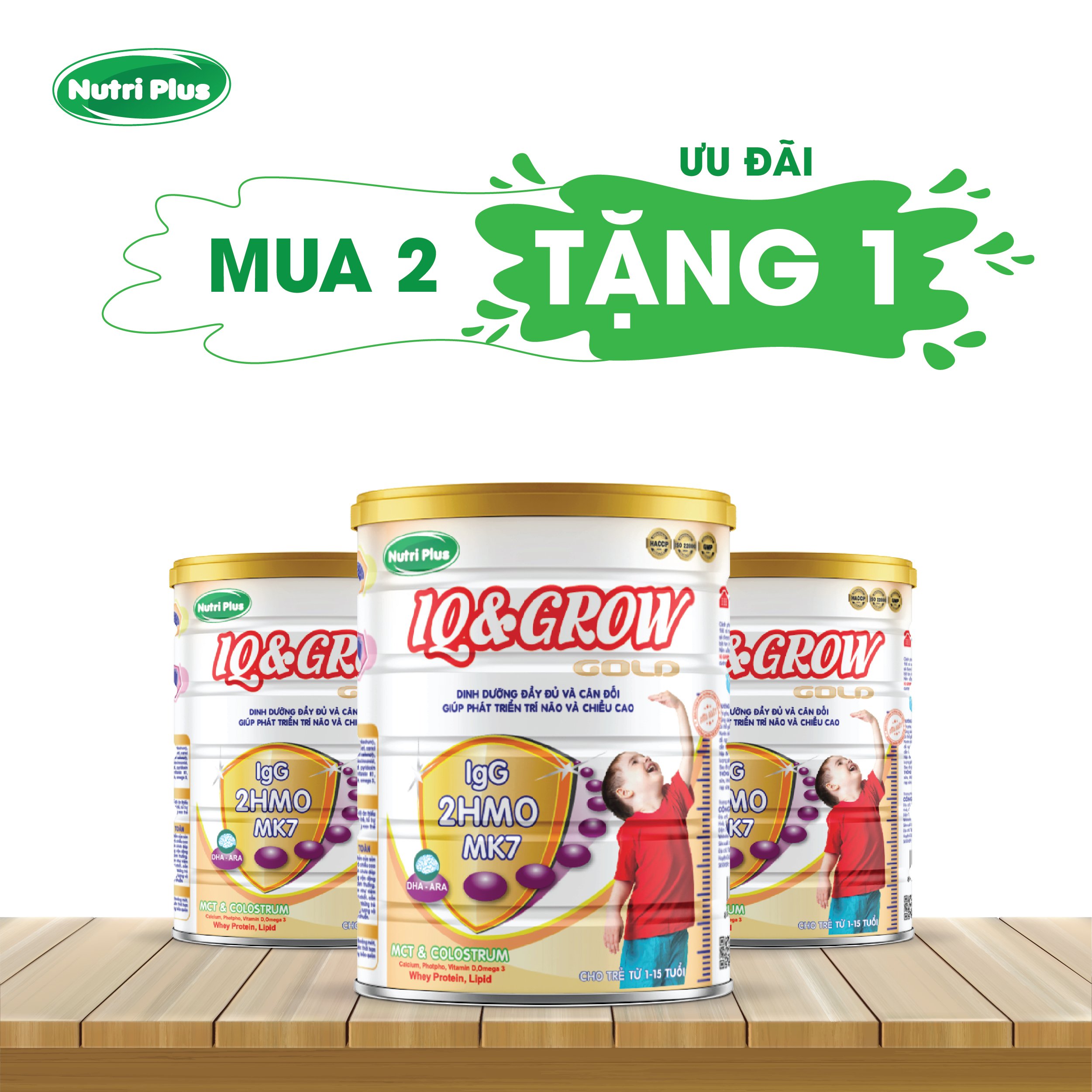 [MUA 2 TẶNG 1] Sữa bột IQ &amp; Grow phát triển chiều cao, trí não cho bé - 900G Nutriplus Gold