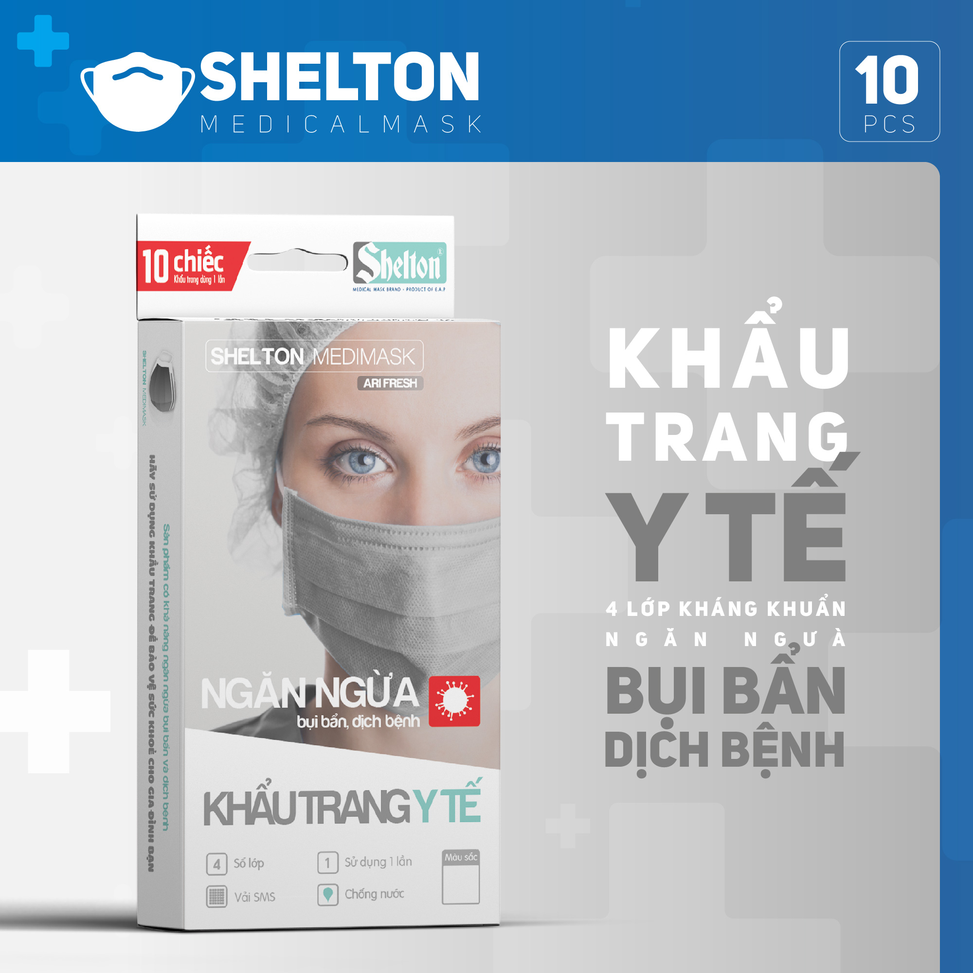 Khẩu trang y tế kháng khuẩn 4 lớp Shelton Medimask Arifresh hộp 10 chiếc,khẩu trang kháng khuẩn 4 lớp dành cho người lớn,khẩu trang 4 lớp mềm mại có vải kháng khuẩn ngăn ngừa bụi bẩn,vi khuẩn sử dụng 1 lần