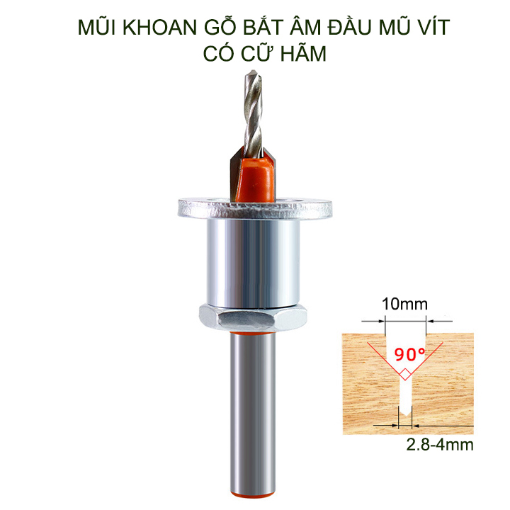 Mũi khoan gỗ bắt âm đầu mũ vít, loại có cữ hãm, đầu âm 10mm, nhiều kích cỡ cho khách lựa chọn