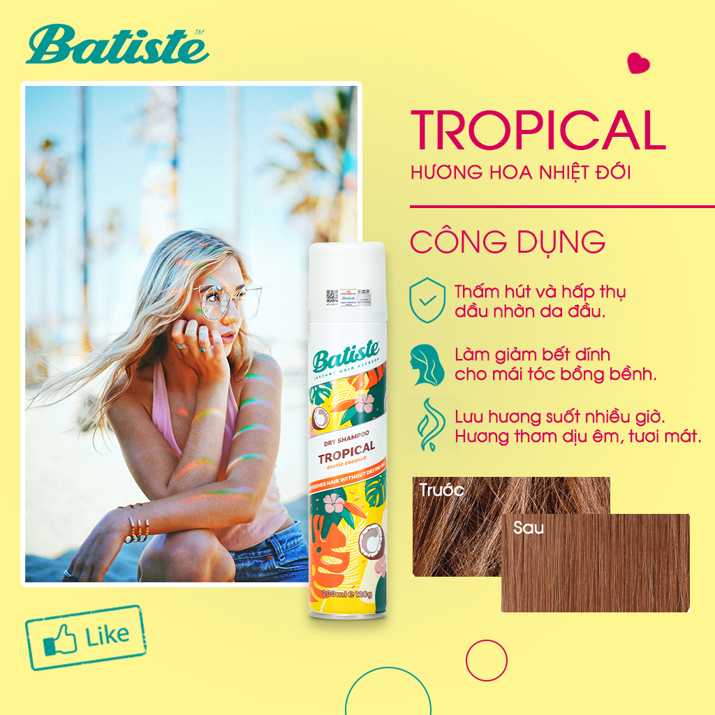 Dầu Gội Khô Batiste Hương Hoa Nhiệt Đới - Batiste Dry Shampoo Coconut &amp; Exotic Tropical 200ml