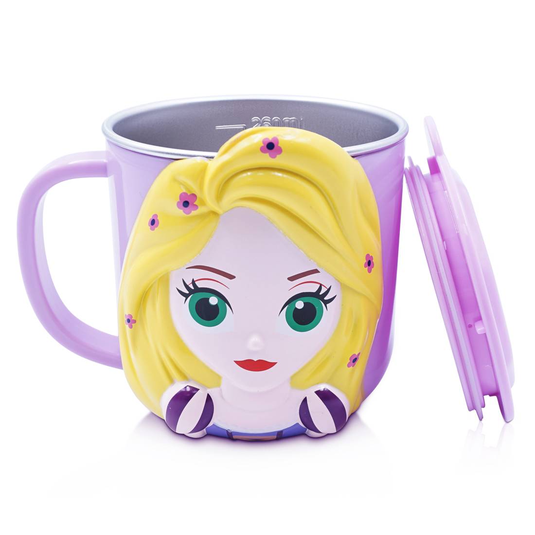 Ly cốc giữ nhiệt Disney hình Rapunzel công chúa tóc dài 3D có nắp và quai cầm cho bé - 260ml