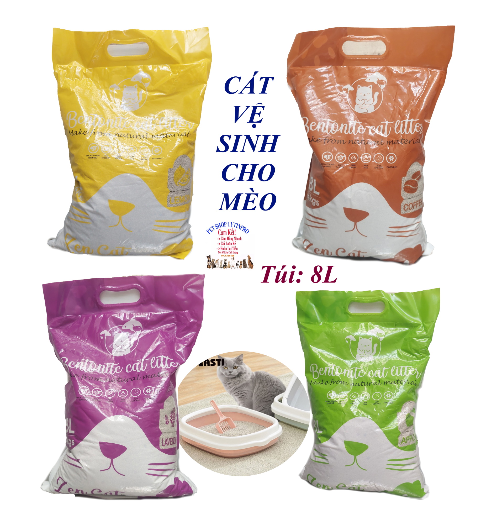 Cát vệ sinh cho Mèo Zen cat Bentonite cat litter Túi 8L Thấm hút tốt, vón cục tốt, mùi hương dịu nhẹ