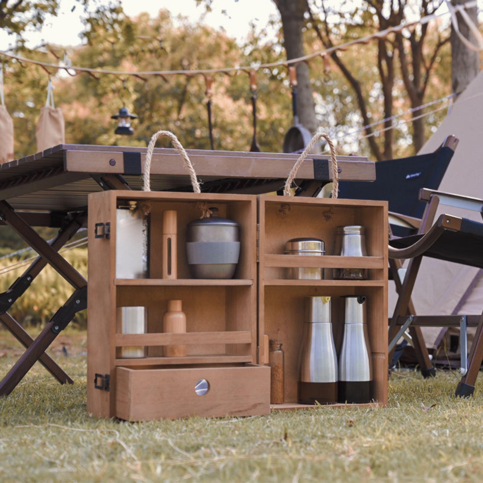 Outdoor Wood Camping Condiment Storage Box BBQ Travel Oil Bottle Spices Container Seasoning Tin Organizer Case