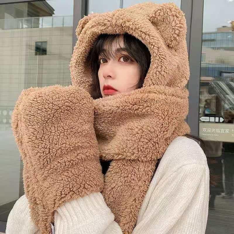 Mũ len lông cừu tai gấu kèm khăn quàng cổ bao tay 3 trong 1 ấm áp tạo hình đáng yêu cho mùa đông