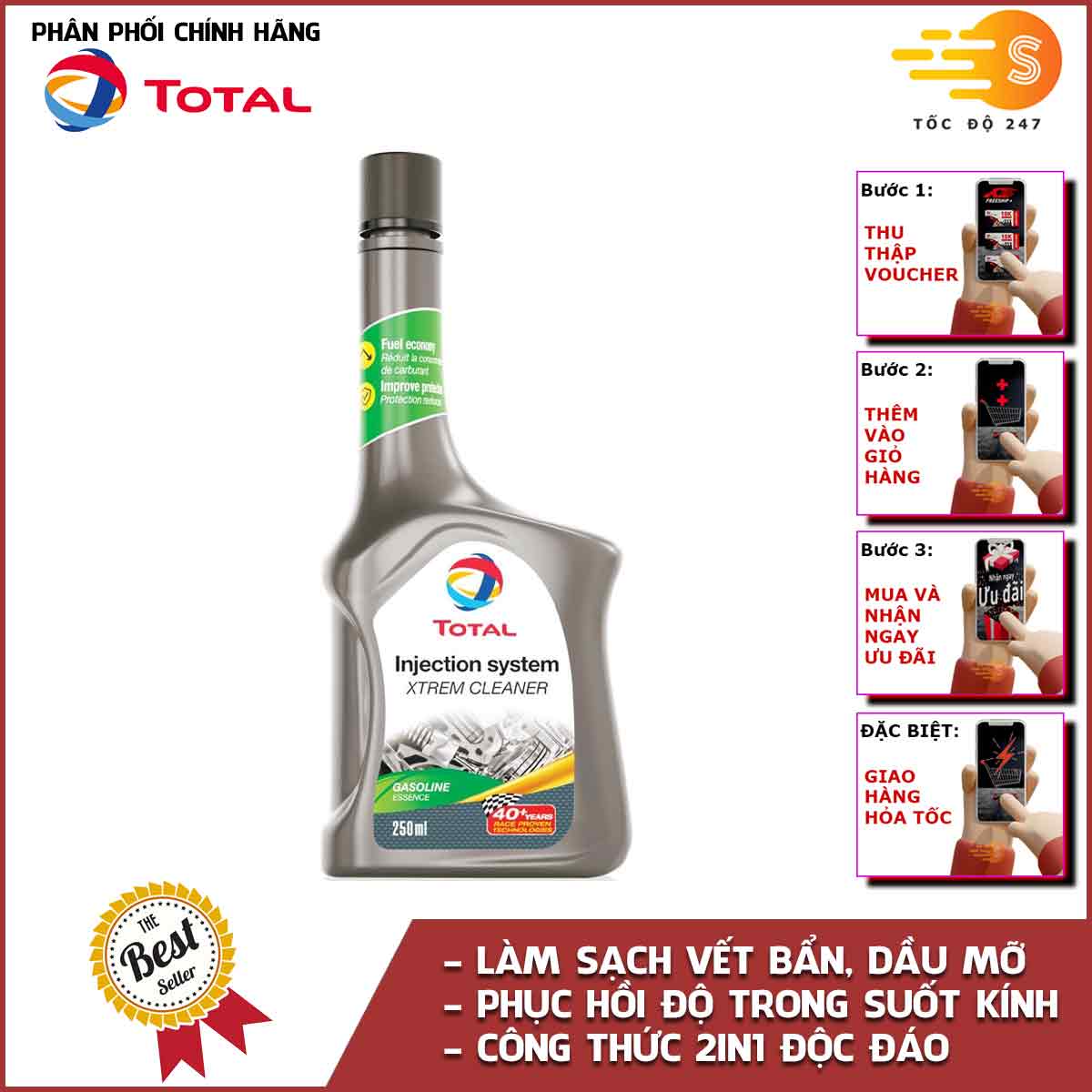 Phụ gia xúc béc xăng cho ô tô Total Energies TE-IS250 250ml - làm sạch hệ thống xăng, tẩy sạch carton, kim phun, đầu xi lanh, tiết kiệm nhiên liệu