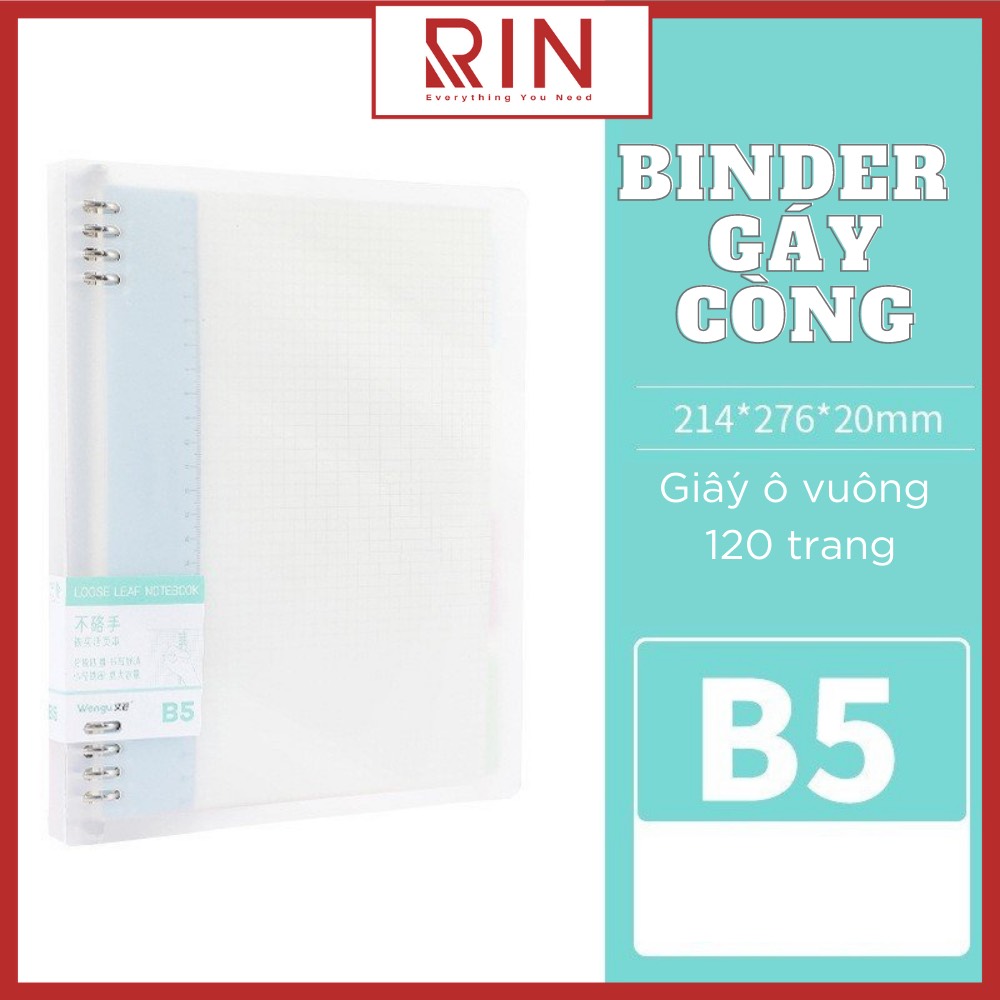 Sổ Tay Ghi Chép Gáy Còng Binder Gáy Lò Xo Ghi Chép 120 Trang Bìa Nhựa Sổ Tay Gáy Còng - Có Kèm Giấy 120 Trang - Size B5 - Xanh Ngọc