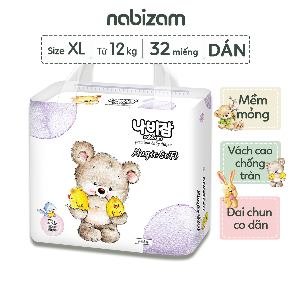 Tã/Bỉm Dán Nabizam Magic Soft Nội Địa Hàn Êm Mỏng, Siêu Thấm Hút Size XL Cho Bé Trên 12kg, 32 Miếng