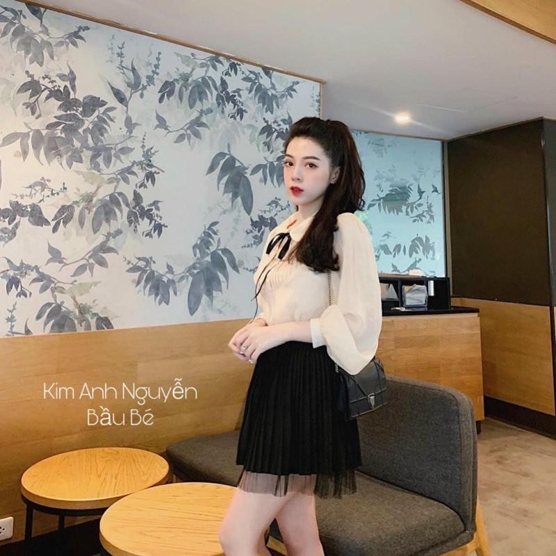 ÁO SƠ MI MÀU BE CỔ SEN XẾP LY NGỰC NƠ ĐEN