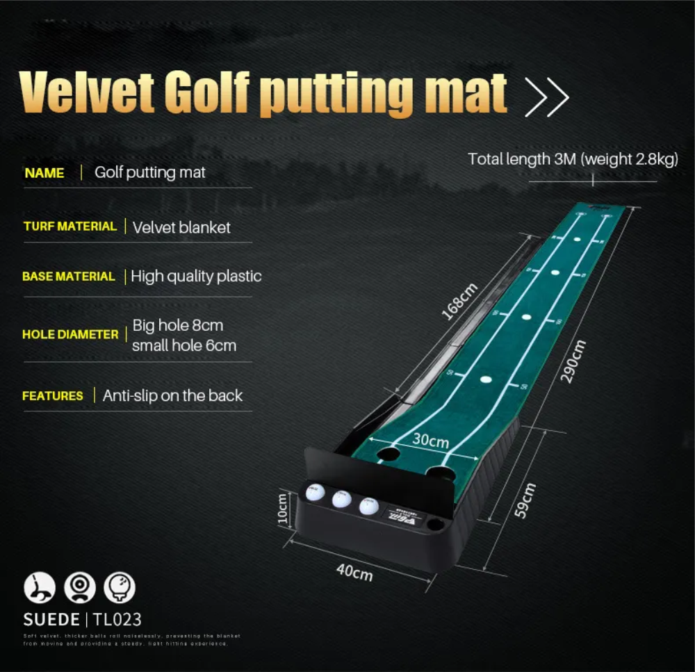 Thảm tập golf putting PGM-TL023 New Version: Tiêu chuẩn Châu Âu. Chất liệu cao cấp - Thiết kế cải tiến. Có thanh chắn & ray thu hồi bóng.