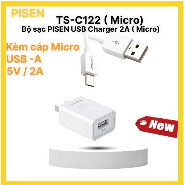 Bộ sạc nhanh PISEN USB Charger 2A ( Micro)- TS-C122, kèm cáp sạc điện thoại Micro (Micro) Trắng, Hàng chính hãng