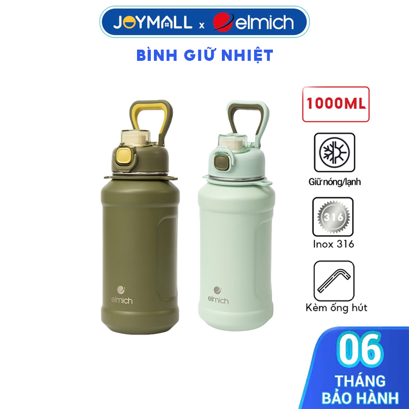 Bình Giữ Nhiệt Inox 316 Elmich EL0915 1L, Hàng Chính Hãng, Nắp Mở 1 Chạm, Kèm Ống Hút - JoyMall
