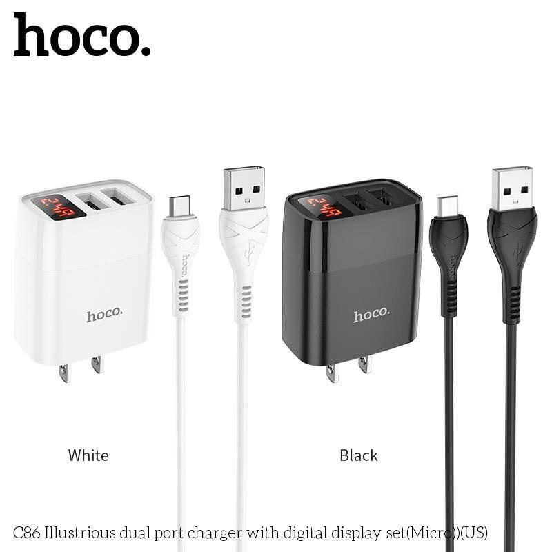 Bộ Sạc Micro-USB Hoco C86 Cho Samsung, Xiaomi, Oppo,... Bộ Sạc 2 Cổng Có Đèn Led, Sạc Nhanh MAX 2.4A - Hàng Chính Hãng