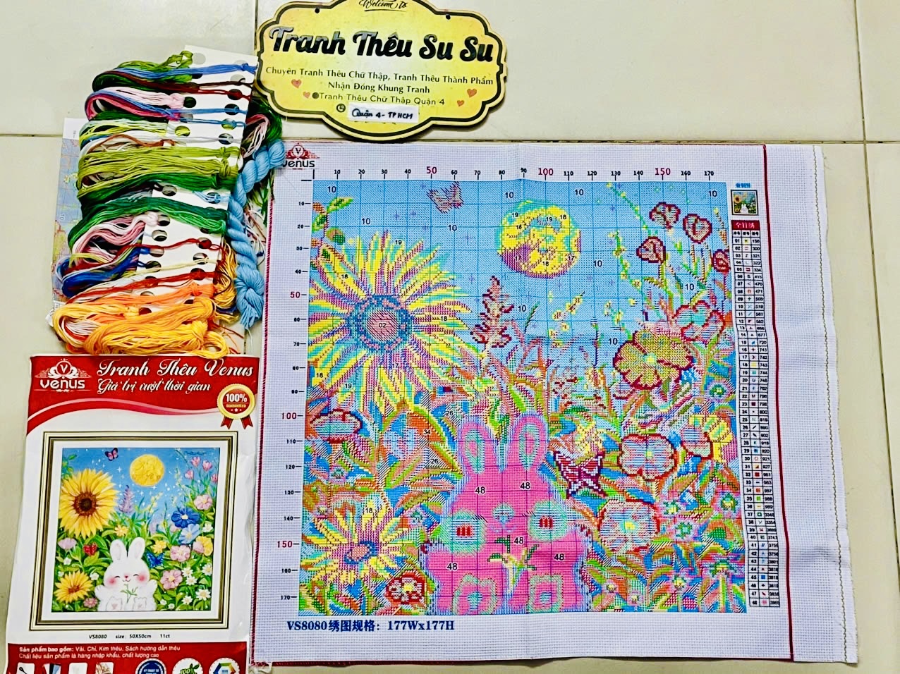 Tranh thêu kín Thỏ dễ thương vs8080, kích thước 50 x 50  cm