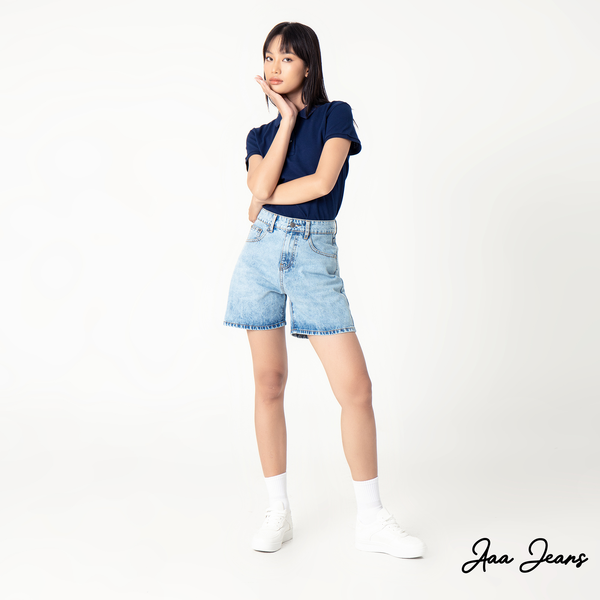 Quần short jean nữ ngắn lưng cao regular fit Aaa Jeans