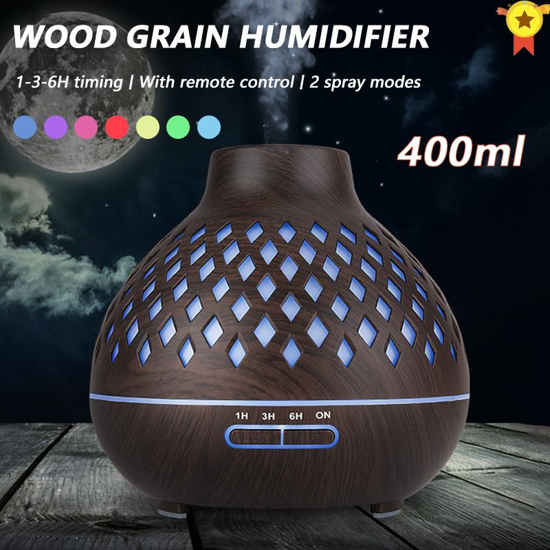 400Ml Siêu Âm Thông Minh Máy Tạo Độ Ẩm Không Khí Thơm Khuếch Tán Tinh Dầu Gỗ Hạt Điều Khiển Từ Xa LED 7 Màu Đèn nhà