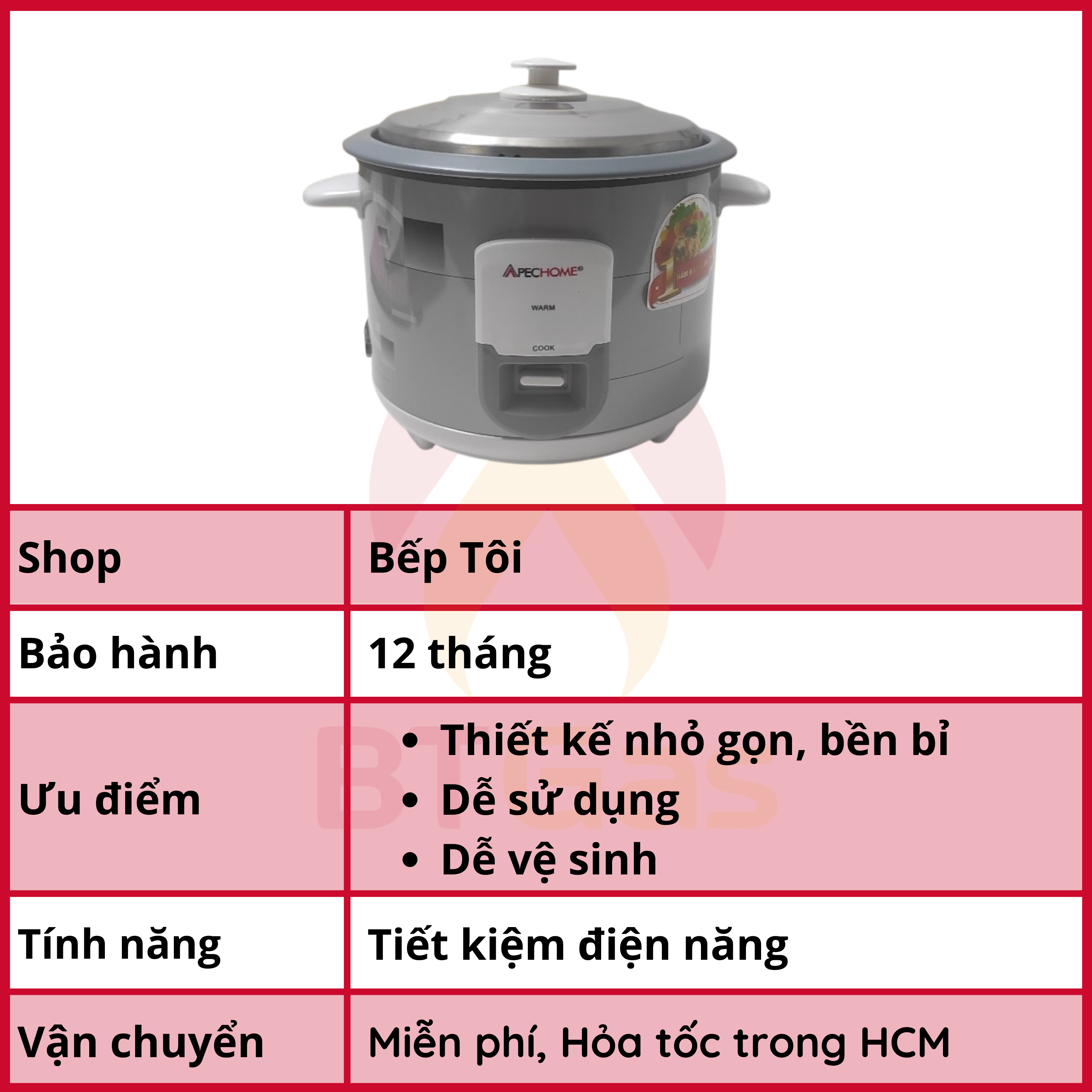 Nồi cơm điện nắp rời Apechome APH-222R 1.8 Lít - Hàng Chính Hãng