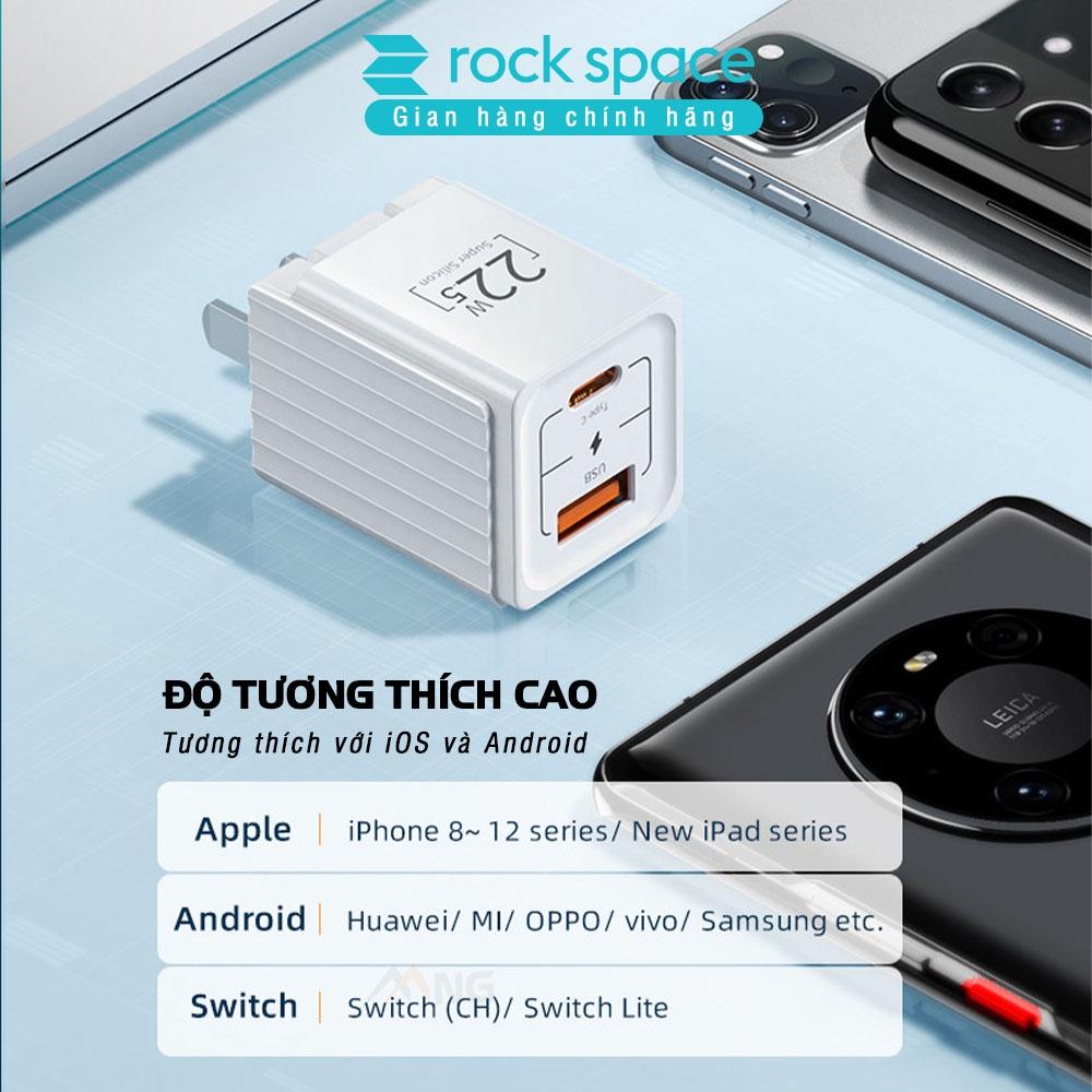 Củ Sạc Nhanh Rockspace T66 mini dành cho Iphone , 2 cổng USB - TypeC chuẩn PD 22.5W - Hàng chính hãng bảo hành 1 năm