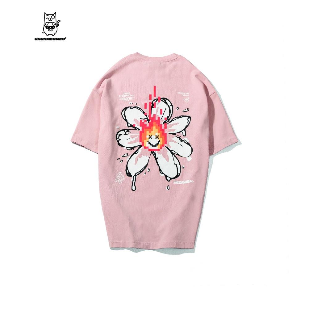 Áo Thun Nam Nữ From Rộng Tay Lỡ - Ủn Ủn Meo Meo Chất Liệu Vải Thun Cotton 100% - Màu Hồng Pastel In Hoa Cúc