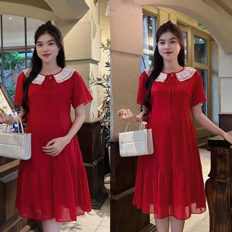 Đầm bầu tiểu thư cổ bèo nhún nhẹ nhàng form đuôi cá trẻ trung chất tơ mềm ( 2 lớp ) - Hồng