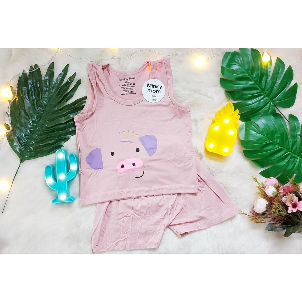 Bộ quần áo cộc sát nách thun lạnh Minky họa tiết hình thú cho bé từ 0-18 tháng mặc cực mát